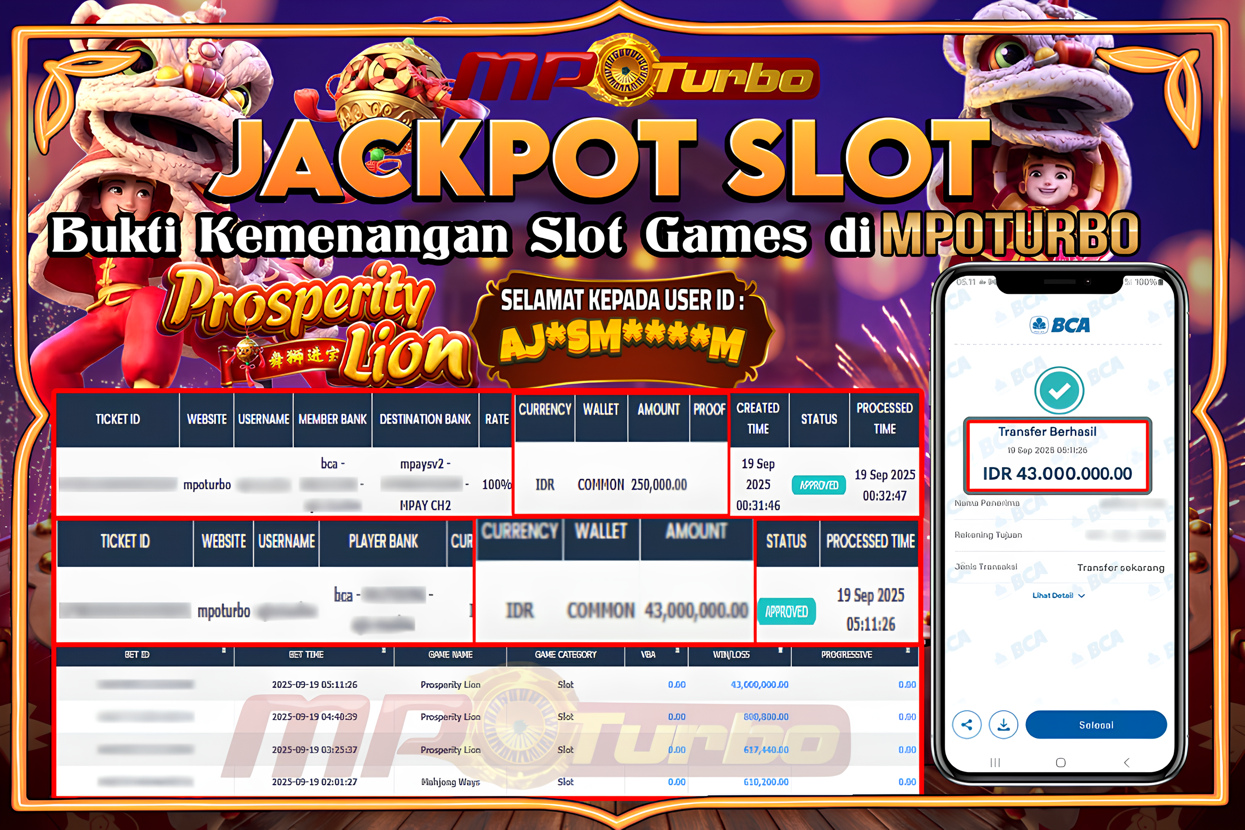 MPOTURBO JACKPOT SLOT PROSPERITY LION  - PG - SOFT Rp 43,000,000.00,- LUNAS